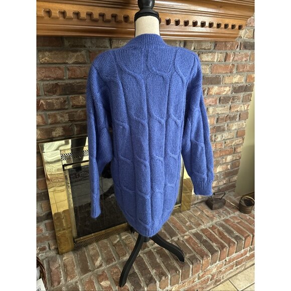 Karen Scott Blue Cable Knit V-neck Sweater Size Medium Angora Shoulder Pads - Picture 3 of 6